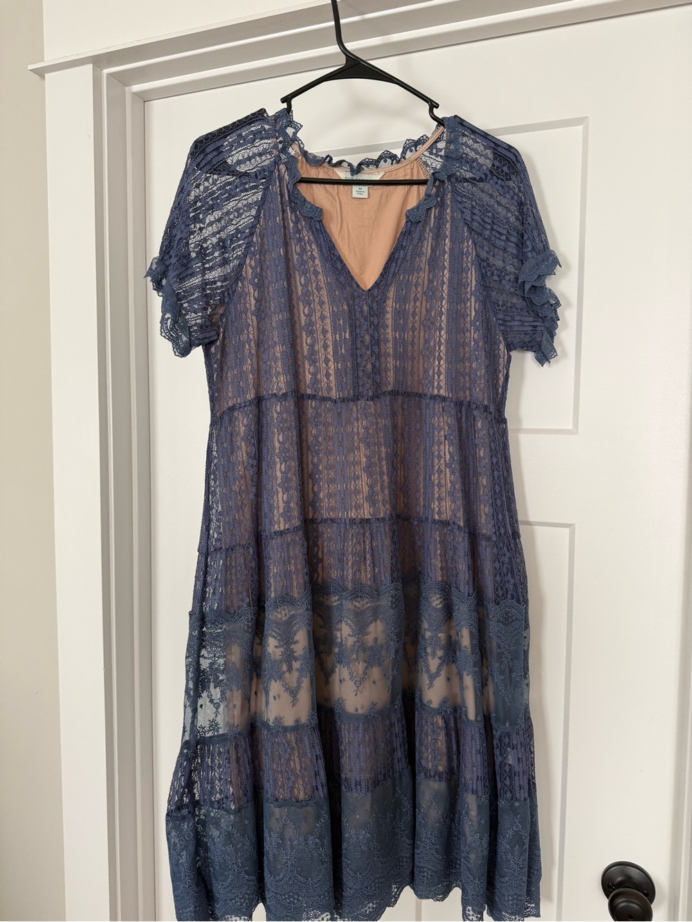 Sundance Blue Lace Tiered V-Neck Women's Dress